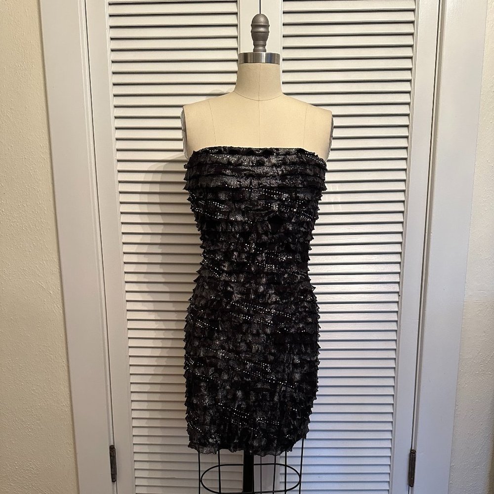 Y2K RUBY ROX BLACK/SILVER PARTY DRESS. STRAPLESS W RUFFLES AND GLITTER. SZ XL.